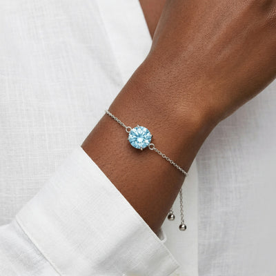 aquamarine birthstone bracelet in white gold finish — model view