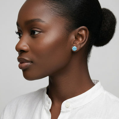 aquamarine birthstone stud earrings in white gold finish — model view
