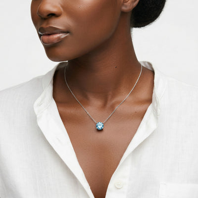 aquamarine birthstone necklace in white gold finish — model view