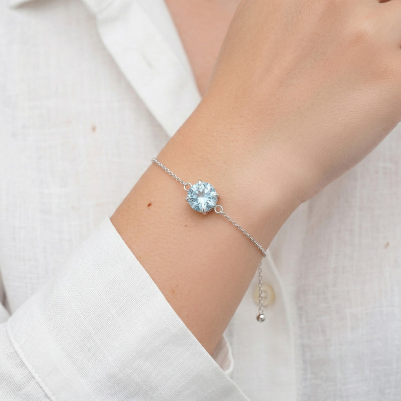 aquamarine birthstone bracelet in white gold finish — model view