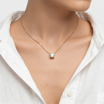 diamond birthstone necklace in rose gold finish — model view