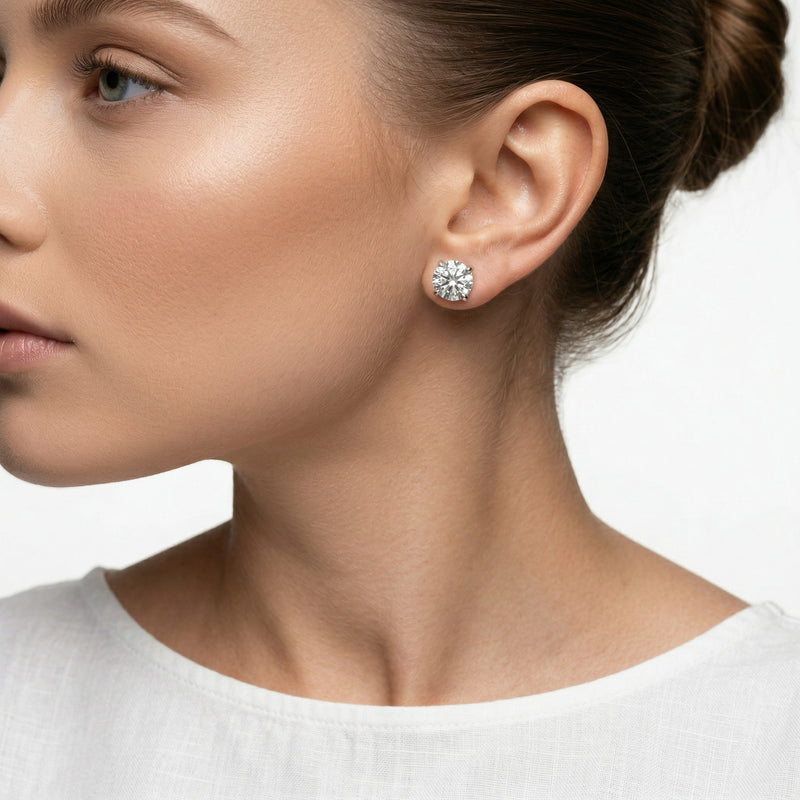 diamond birthstone stud earrings in white gold finish — model view