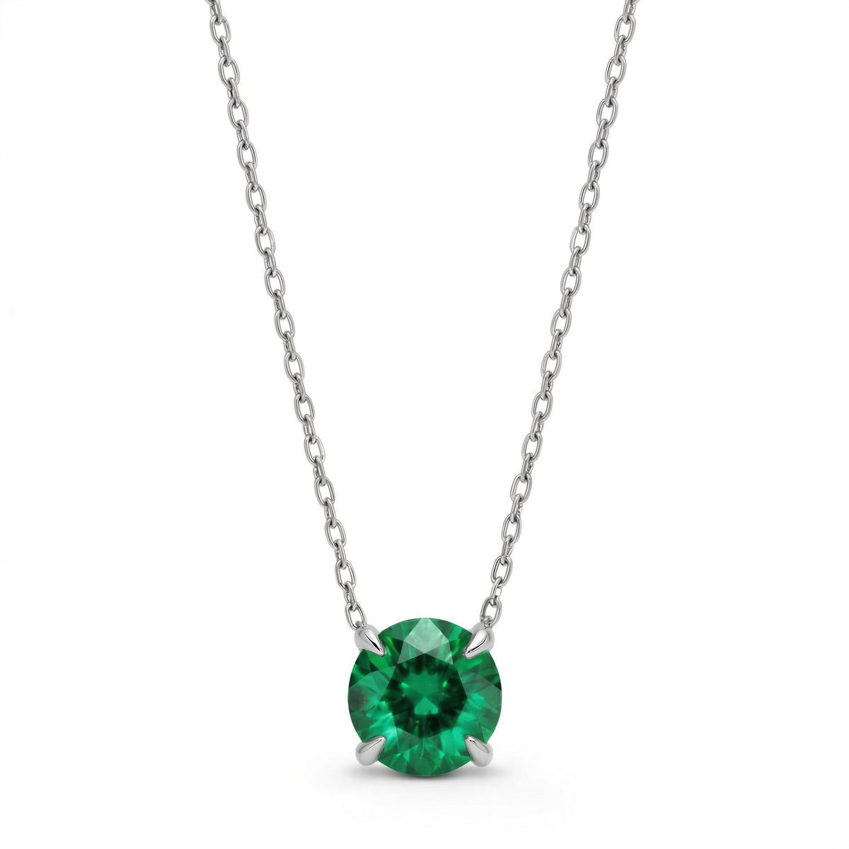 emerald birthstone necklace in white gold finish — front view