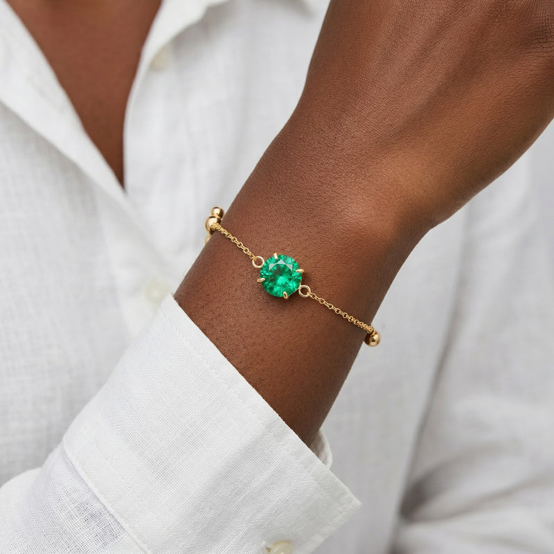 emerald birthstone bracelet in rose gold finish — model view