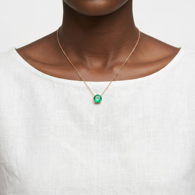 emerald birthstone necklace in rose gold finish — model view
