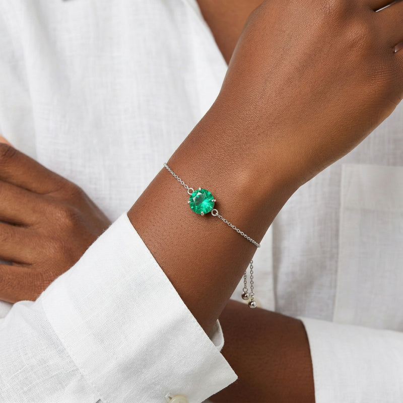 emerald birthstone bracelet in white gold finish — model view