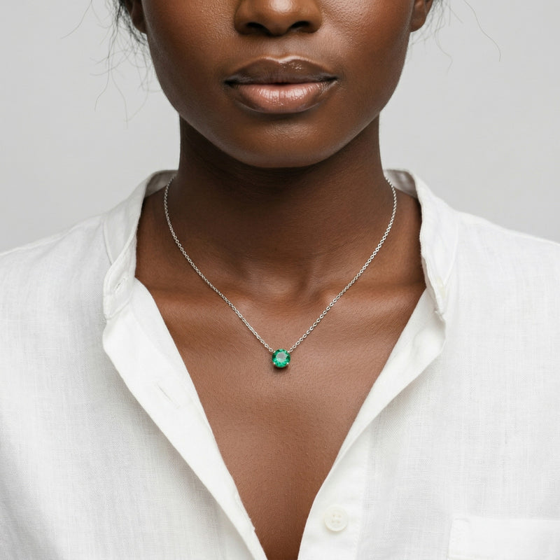 emerald birthstone necklace in white gold finish — model view