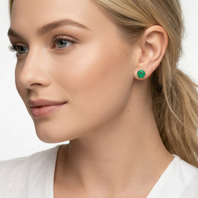emerald birthstone stud earrings in rose gold finish — model view