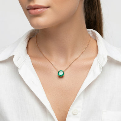 emerald birthstone necklace in rose gold finish — model view