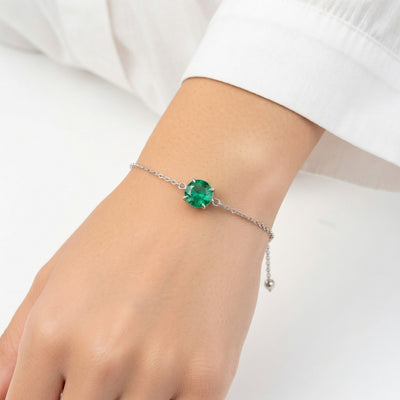 emerald birthstone bracelet in white gold finish — model view