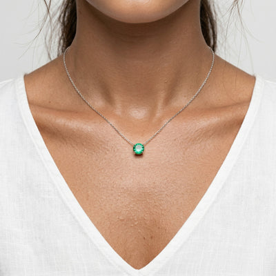 emerald birthstone necklace in white gold finish — model view
