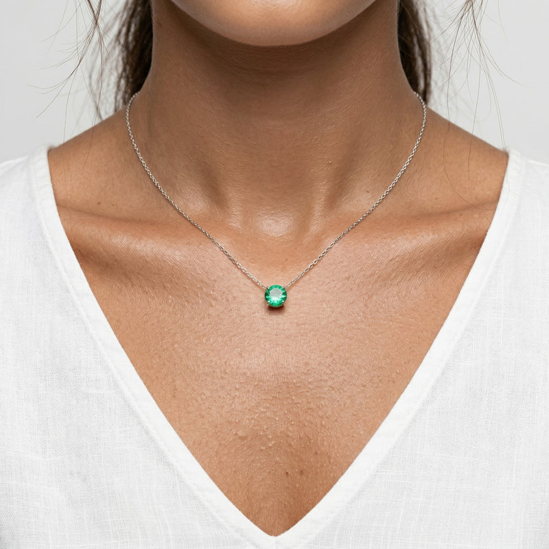 emerald birthstone necklace in white gold finish — model view