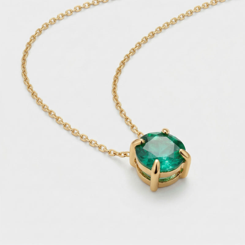 emerald birthstone necklace in yellow gold finish — side view