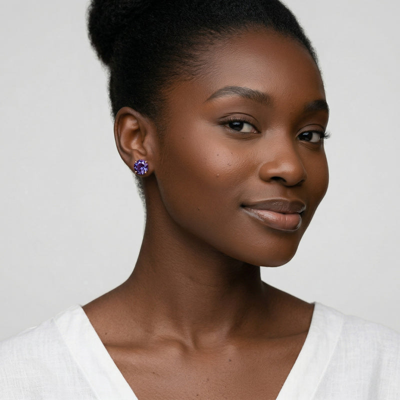 alexandrite birthstone stud earrings in rose gold finish — model view