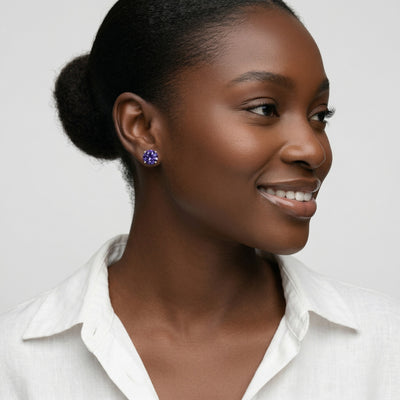 alexandrite birthstone stud earrings in white gold finish — model view