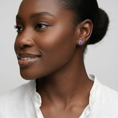 alexandrite birthstone stud earrings in yellow gold finish — model view