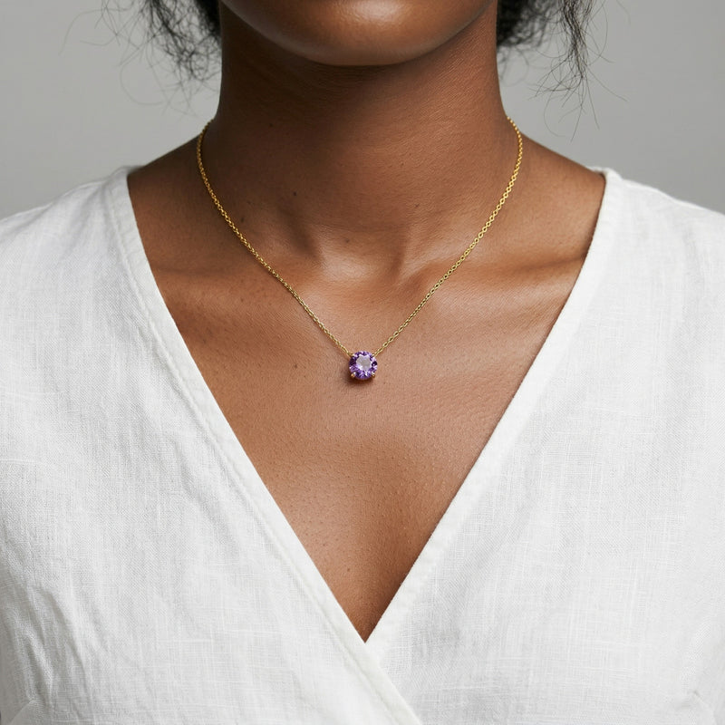 alexandrite birthstone necklace in yellow gold finish — model view