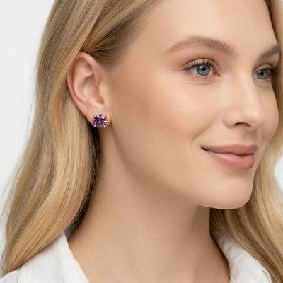 alexandrite birthstone stud earrings in rose gold finish — model view