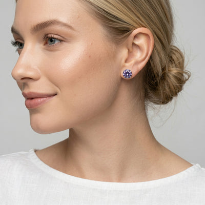 alexandrite birthstone stud earrings in white gold finish — model view