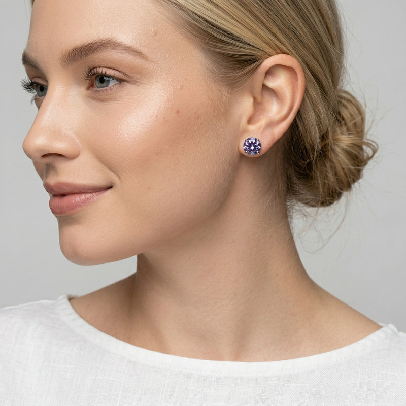 alexandrite birthstone stud earrings in white gold finish — model view