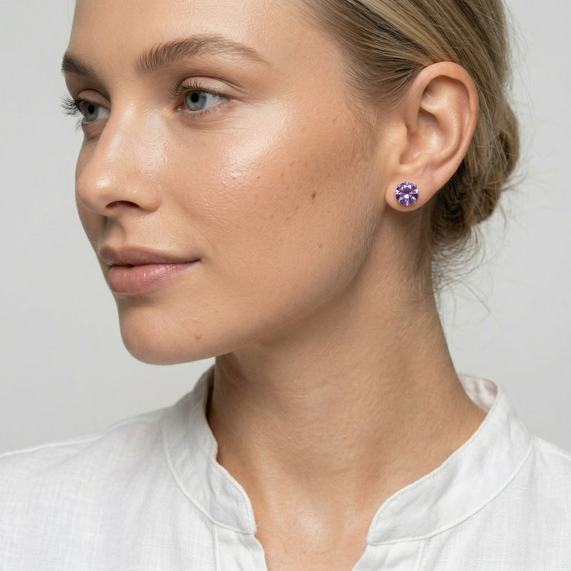 alexandrite birthstone stud earrings in yellow gold finish — model view