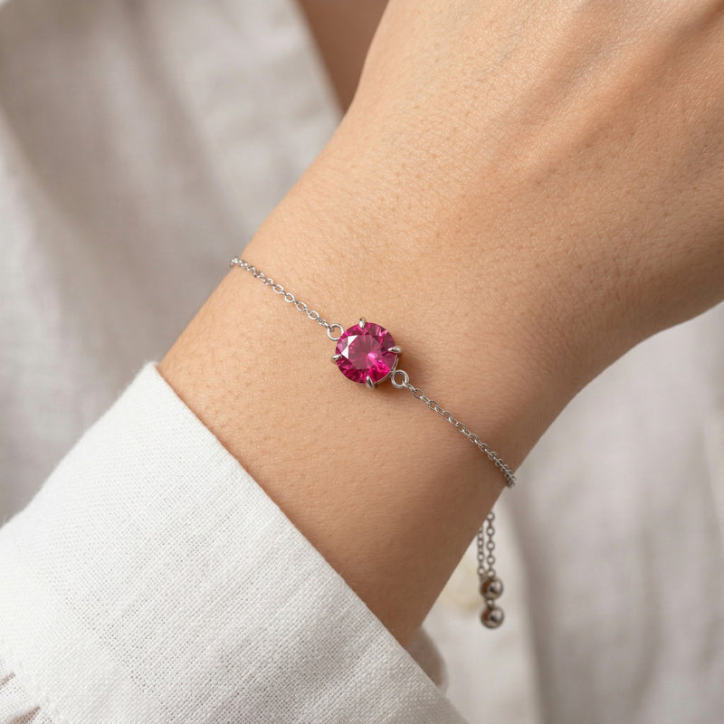 ruby birthstone bracelet in white gold finish — model view