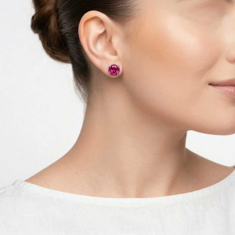 ruby birthstone stud earrings in white gold finish — model view