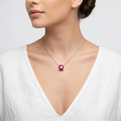 ruby birthstone necklace in white gold finish — model view
