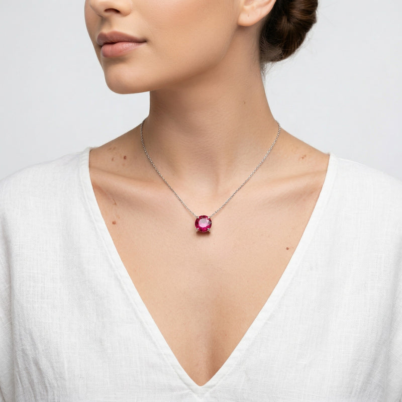 ruby birthstone necklace in white gold finish — model view