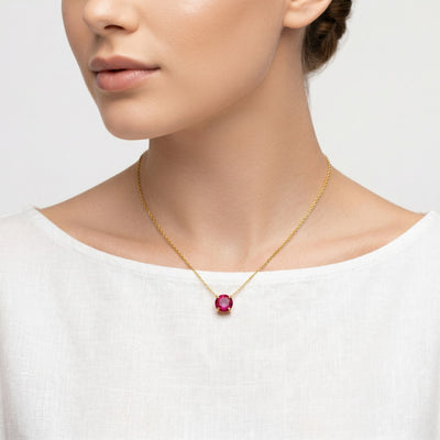 ruby birthstone necklace in yellow gold finish — model view