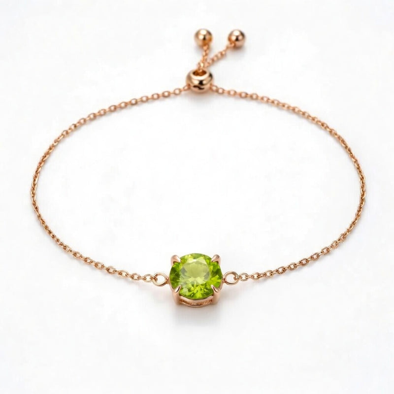 peridot birthstone bracelet in rose gold finish — front view