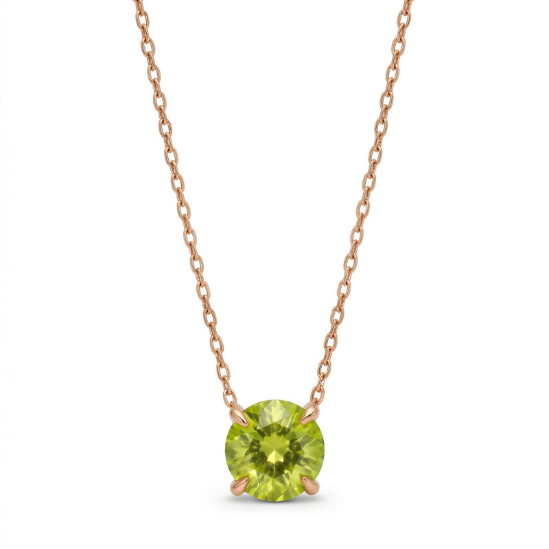 peridot birthstone necklace in rose gold finish — front view