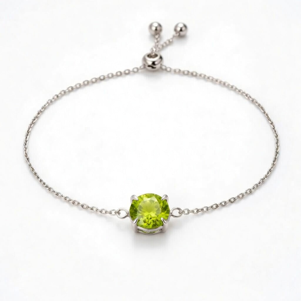peridot birthstone bracelet in white gold finish — front view