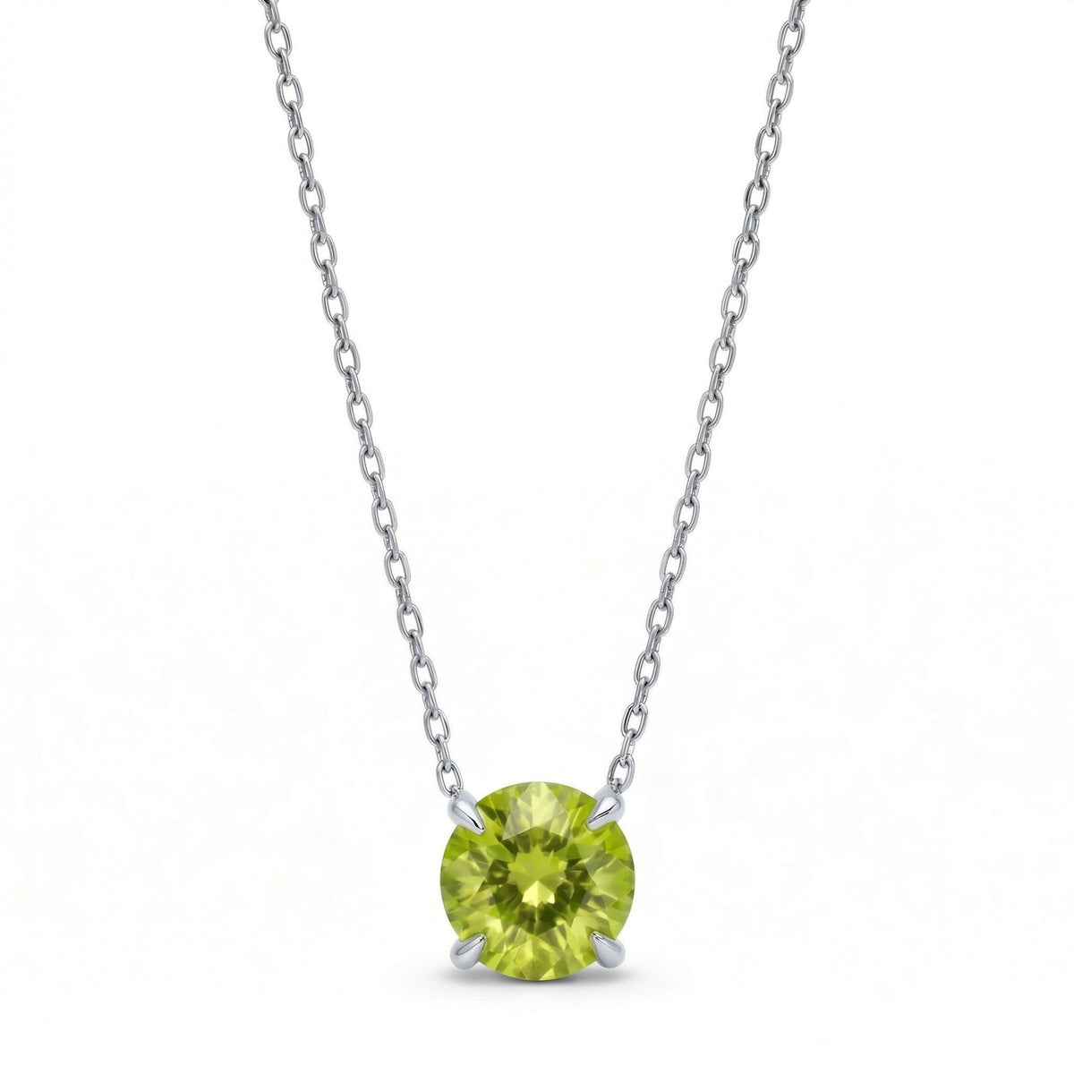 peridot birthstone necklace in white gold finish — front view