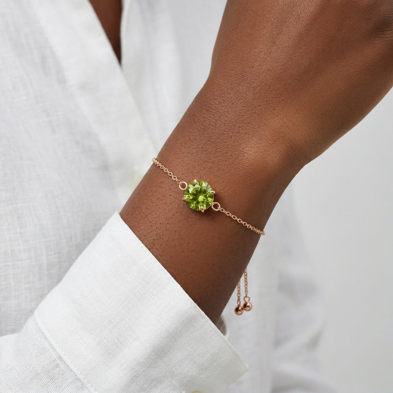 peridot birthstone bracelet in rose gold finish — model view