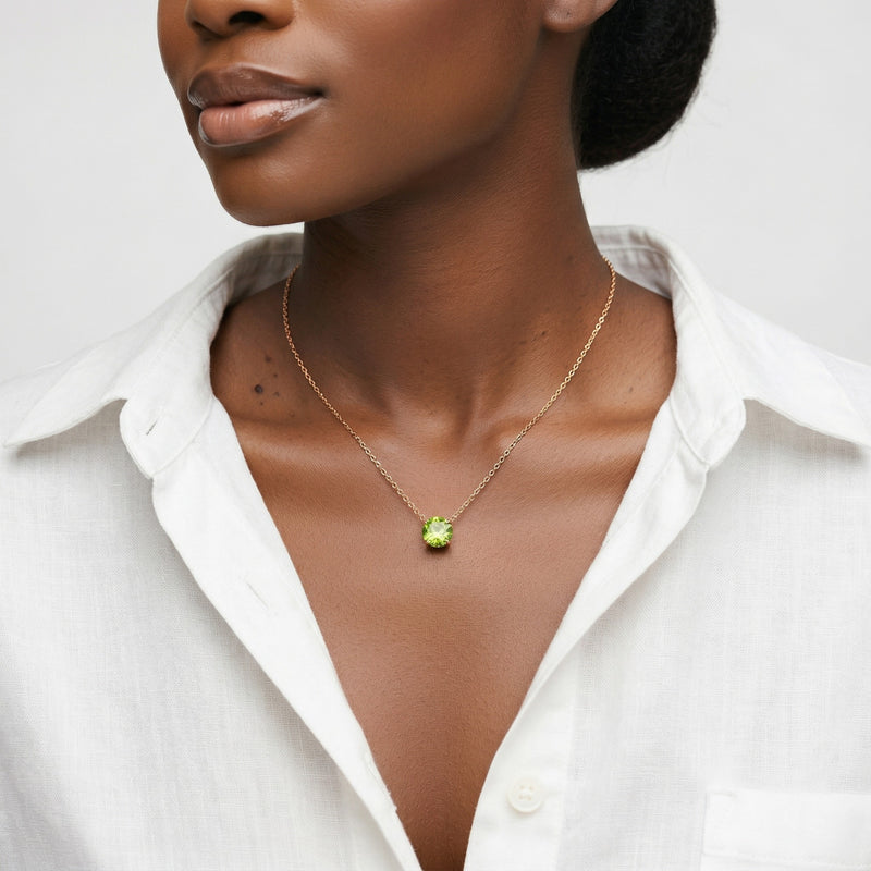 peridot birthstone necklace in rose gold finish — model view