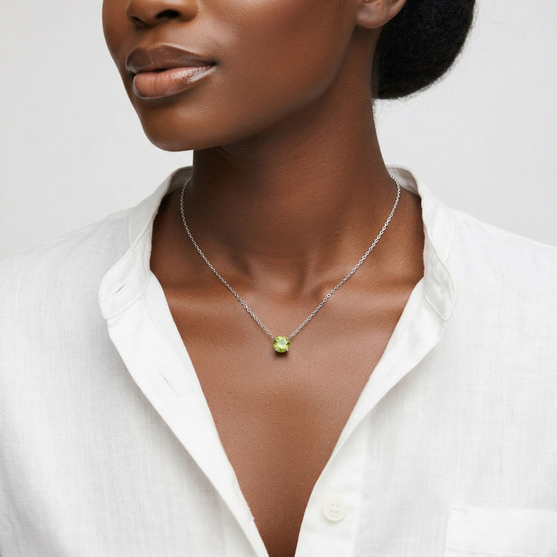 peridot birthstone necklace in white gold finish — model view