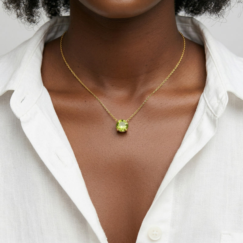 peridot birthstone necklace in yellow gold finish — model view