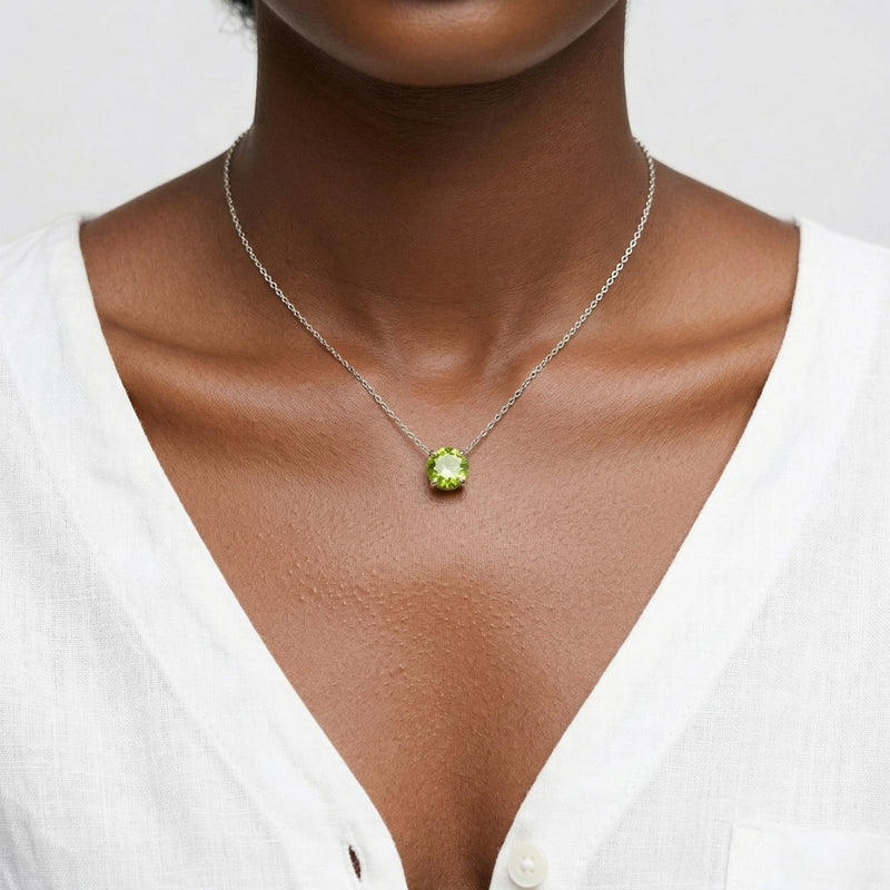 peridot birthstone necklace in white gold finish — model view