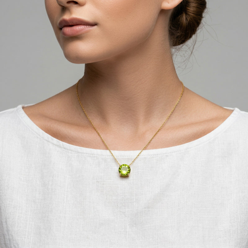peridot birthstone necklace in yellow gold finish — model view