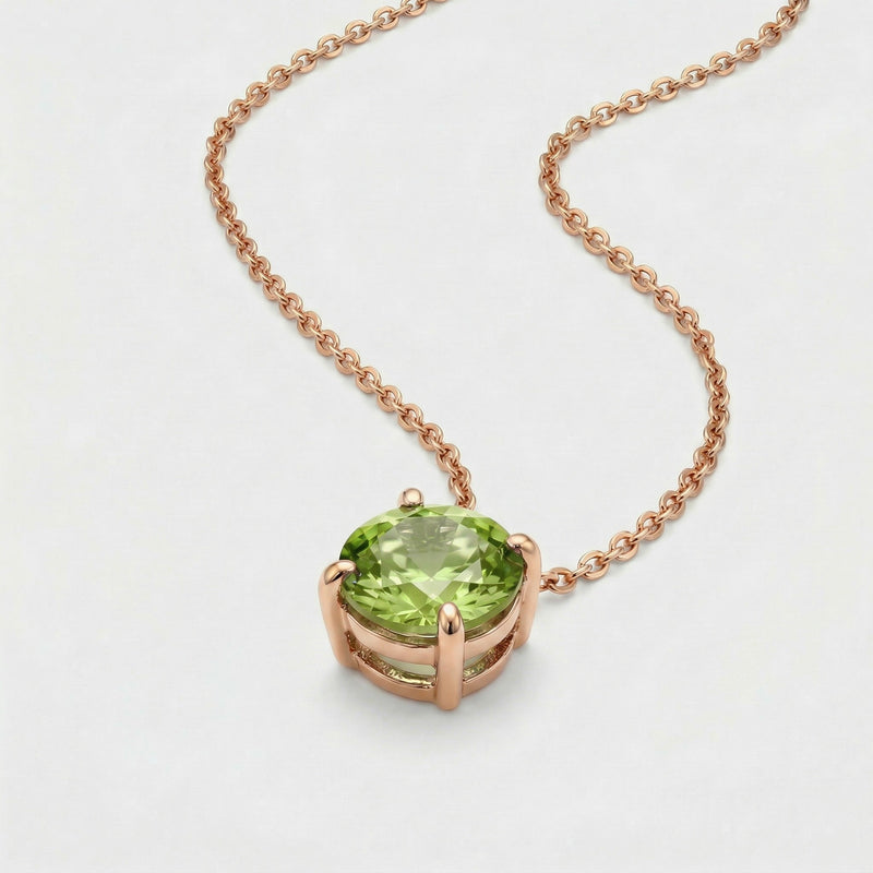 peridot birthstone necklace in rose gold finish — side view