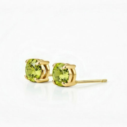 peridot birthstone stud earrings in yellow gold finish — side view