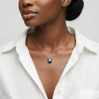 sapphire birthstone necklace in rose gold finish — model view