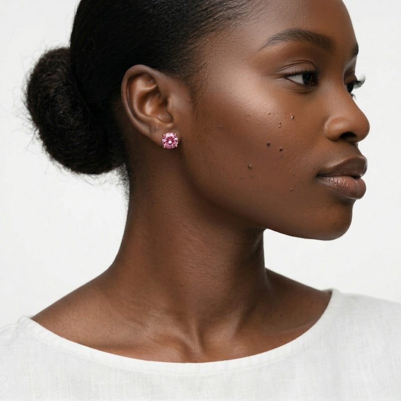 tourmaline birthstone stud earrings in rose gold finish — model view