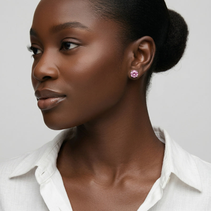tourmaline birthstone stud earrings in white gold finish — model view