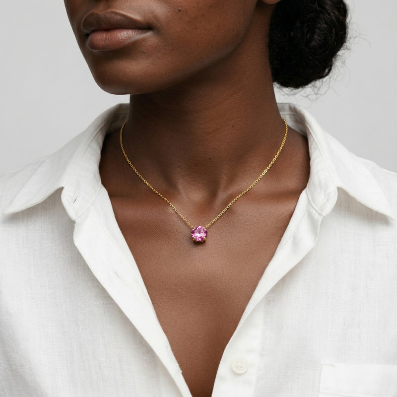 tourmaline birthstone necklace in yellow gold finish — model view