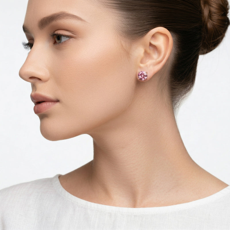 tourmaline birthstone stud earrings in rose gold finish — model view