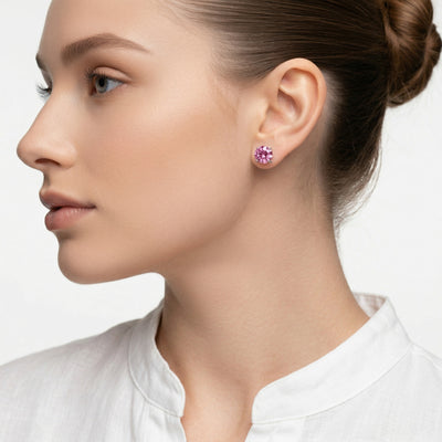tourmaline birthstone stud earrings in white gold finish — model view