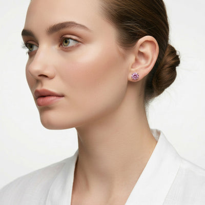tourmaline birthstone stud earrings in yellow gold finish — model view