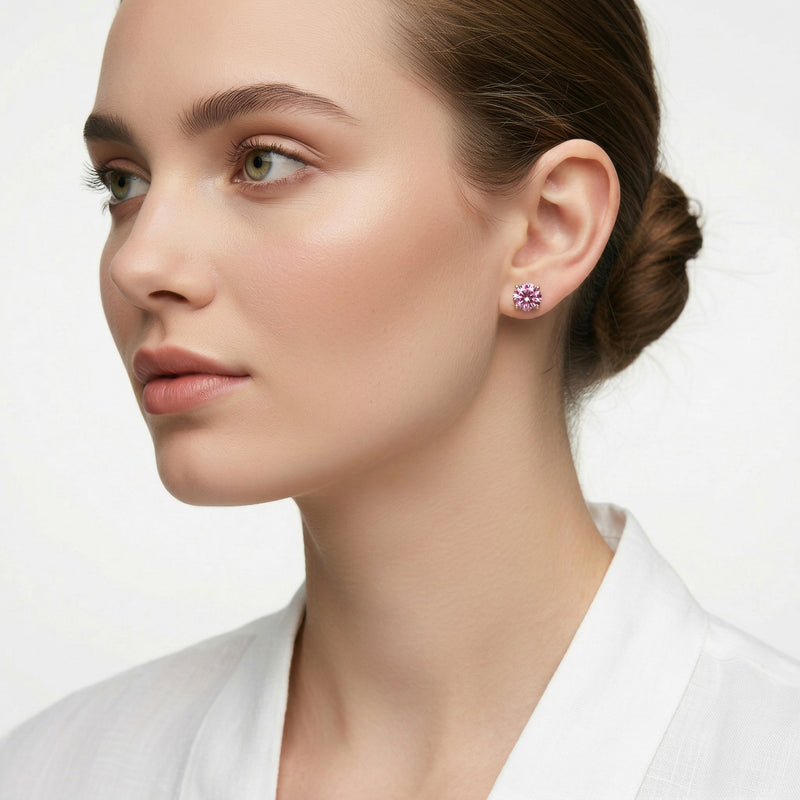 tourmaline birthstone stud earrings in yellow gold finish — model view